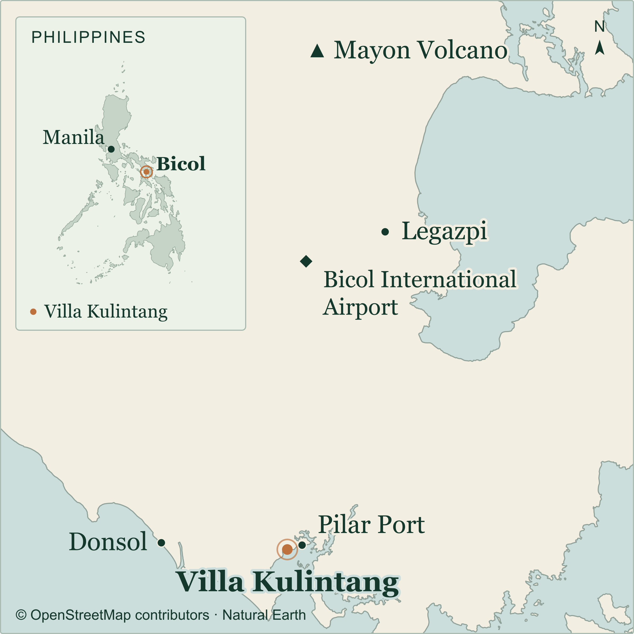 Schematic map showing Villa Kulintang, Pilar, Donsol, Legazpi, Bicol International Airport and Mayon Volcano